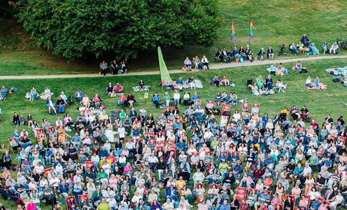 Crowds at Outdoor theatre at Oystermouth Castle
